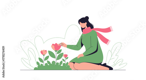 Woman Tending Garden, Flowers, Blossoms, And A Beautiful Spring Moment In Nature