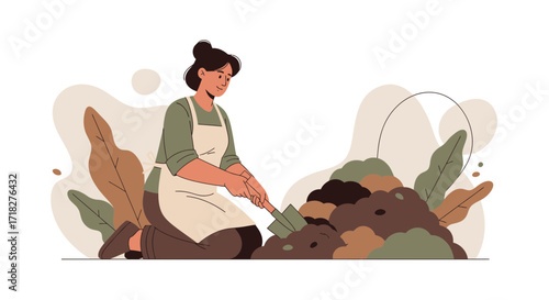 Woman Tending Garden with Shovel, Preparing Earth for Seeding and Cultivation