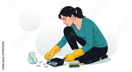 Woman Tidying Up Broken Glass, Putting Pieces Into a Dustpan, After An Accident