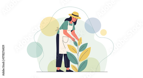 Woman Tending Vibrant Plant, Gardening Illustration in Flat Style, Isolated on White