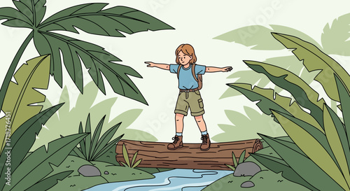 Young Explorer Confidently Navigating A Jungle Log Bridge With Balanced Arms Wide Open