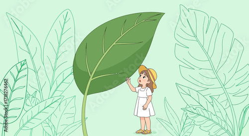 Young Explorer Delights, Witnessing a Large Leaf Amidst Verdant Foliage Outdoors