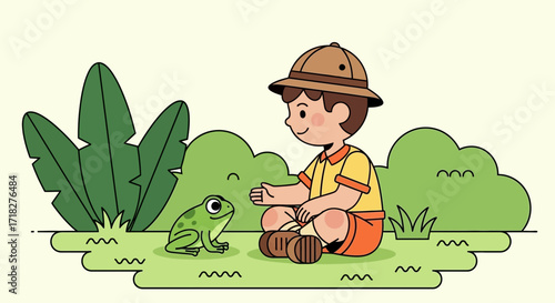 Young Explorer Discovering Amphibian Life in a Lush Environment Cartoon Illustration
