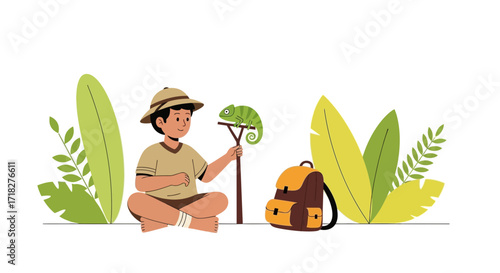 Young Explorer Discovering Wildlife With a Chameleon in a Tropical Environment