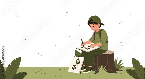 Young Explorer Documenting Animal Tracks in Nature: A Peaceful Moment