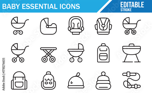 Baby care essentials outline icons for nursery, feeding, and early childhood design
