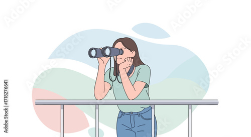 Woman Using Binoculars Aims Toward the Horizon, Observing the Vista on a Sunny Day