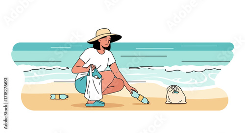 Woman Volunteering Cleans Beach Sand Recovering Plastic bottles for A Cleaner Ocean
