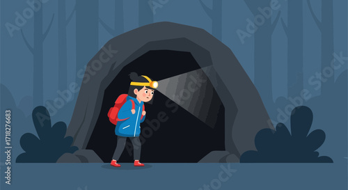 Young Explorer Entering Dark Cave Lit By Headlamp Exploring Unknown Depths At Night