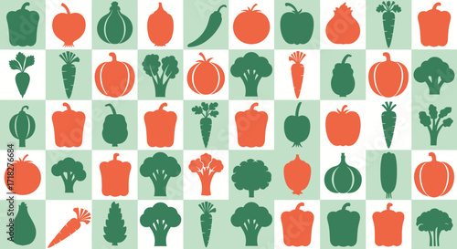 A vibrant graphic pattern showcasing a variety of healthy organic vegetable silhouettes, perfect for illustrating nutritious food concepts and fresh produce designs in a modern style