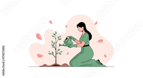 Woman Watering A Young Tree Demonstrates Growth And Environmental Care Illustration