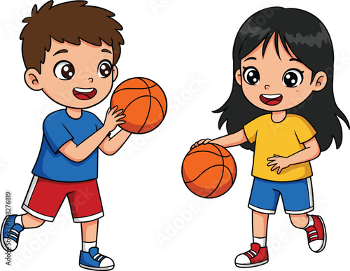 Cartoon children playing basketball, active kids sports illustration, teamwork, fun game, colorful characters, dribbling, outdoor activity, energetic, joyful, youth recreation