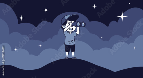 Young Explorer Gazing At Stars Through Binoculars Under A Night Sky