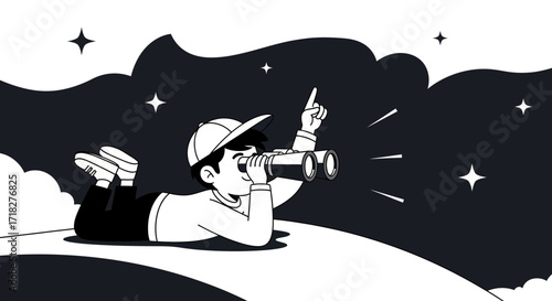 Young Explorer Gazing Through Binoculars At The Night Sky Discovering New Horizons
