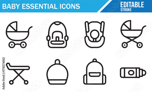 Collection of editable stroke icons of infant essentials and parenting equipment