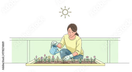 Woman Watering Flowers in a Garden, A Sunny Day Gardening or Planting Concept