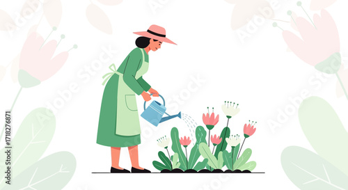 Woman Watering Flora in Garden with a Hat, Illustrating Horticulture and Botanical Designs
