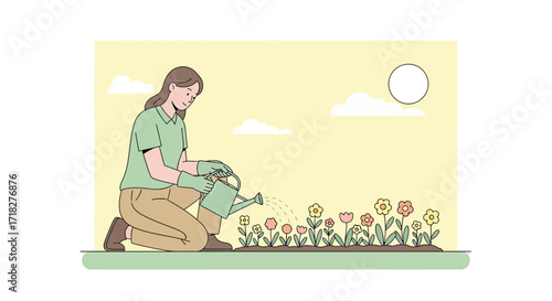 Woman Watering Flowers In The Garden Under The Sunshine Day, Outdoor Gardening Illustration