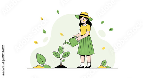 Woman Watering Plant Illustration: Cultivating Growth and Nurturing Green Habitats