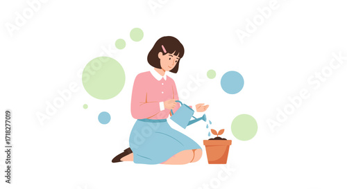 Woman Waters Plant, Nurturing New Growth, Symbolizing Care and Cultivation for Success