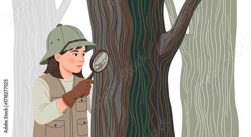 Young Explorer In Forest, Exploring Nature Using Magnifying Glass For Study