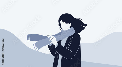 Woman Wearing a Scarf Outdoors on a Windy Day with Minimalist Color Palette