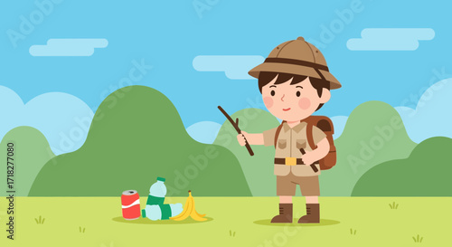 Young Explorer Inspecting Litter Found In Nature, Promoting Environmental Awareness Perfectly