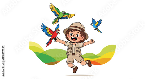Young Explorer Joyfully Interacting With Colorful Parrots in a Cheerful Illustration