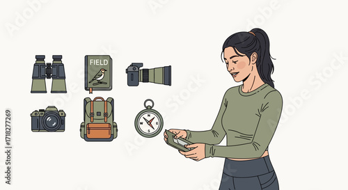 Woman With Outdoors Equipment Looking At Smartphone Planning Her Adventure Trip