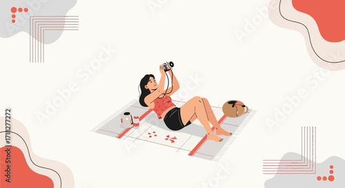Woman With Camera Relaxing On Blanket Capturing A Moment In Sunshine Outdoors