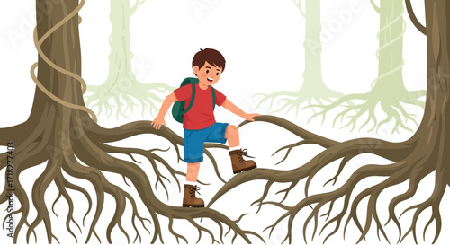 Young Explorer Navigating Thickets Root System: An Adventure of Discovery in Nature