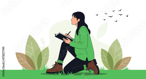 Woman Writing Outdoors In Nature, Contemplating Thoughts, Vector Illustration