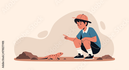 Young Explorer Observes Reptile in Natural Habitat With Curiosity And Delight