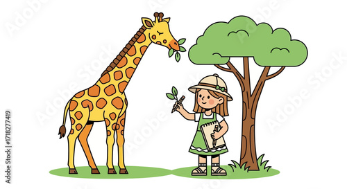 Young Explorer Observes Giraffe Eating Leaves Alongside a Tree in Vibrant Cartoon Illustration