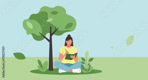 Woman Writing Under A Tree Enjoying Nature And Reflecting Leisurely In The Park