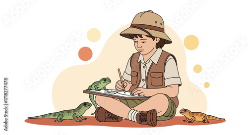 Young Explorer Observing And Sketching Reptiles In An Illustrated Artistic Composition