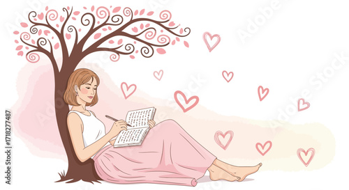 Woman Writing Under a Blooming Tree with Artistic Style and Hearts in the Air, Isolated