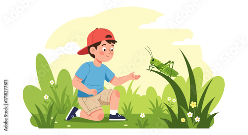 Young Explorer Observing Grasshopper In The Meadow: Nature's Delicate Encounter