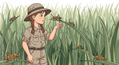 Young Explorer Observing Insects in Lush Grass, Discovering Earth's Natural Wonders