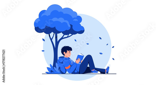 Young Adult Reading Under a Stylized Tree Offers Peaceful Intellectual Pursuit
