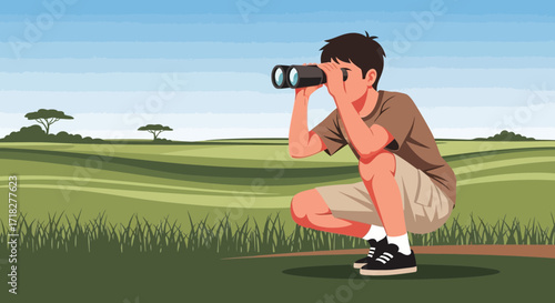 Young Explorer Observing Nature Beauty Through Binoculars In A Scenic Natural Landscape