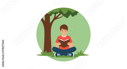 Young Adult Reading Underneath a Tree for Educational and Recreational Purposes