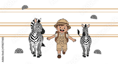 Young Adventurer Celebrates Joyfully Amongst Zebras in The Majestic Savannah Outdoors