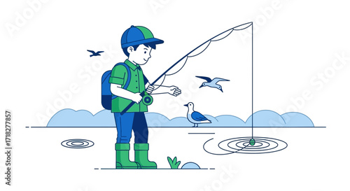 Young Angler Casting Fishing Rod Beside Lake with Birds and a Seagull