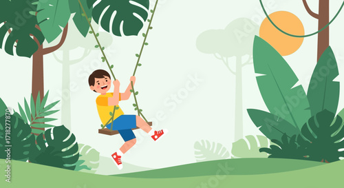 Young Adventurous Lad Enjoying His Adventure On a Jungle Swing in a Lush Green Forest