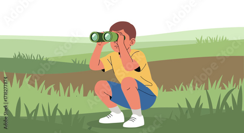 Young Explorer Squats Outdoors, Using Binoculars to Observe Environment