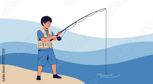 Young Angler Casting Fishing Rod into Coastal Waters, Enjoying A Recreational Pursuite