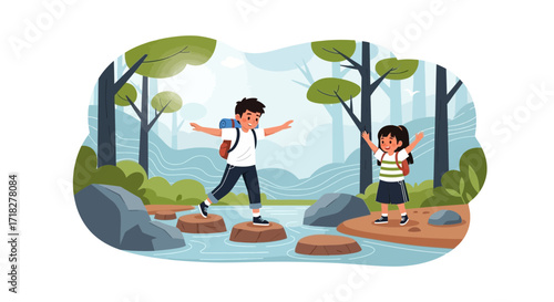 Young Explorers Navigating Rocky Terrain During a Wilderness Adventure