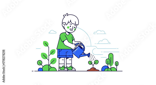 Young Gardener Caring for Plants in a Whimsical Illustration Showing Growth and Nurturing