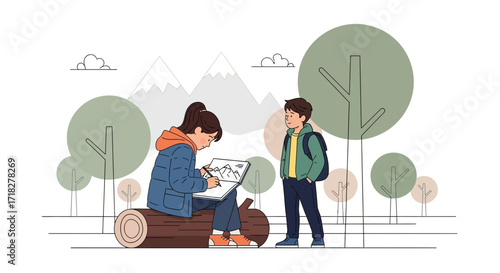 Young Artist Sketching Nature Scene With Friend Admiring Beautiful Composition Illustrations